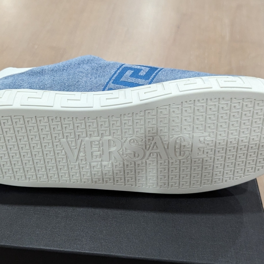 $925 VERSACE Odissea Greca Denim Look Suede Low-Top Sneakers Light Blue 45 US 12 - Picture 7 of 10